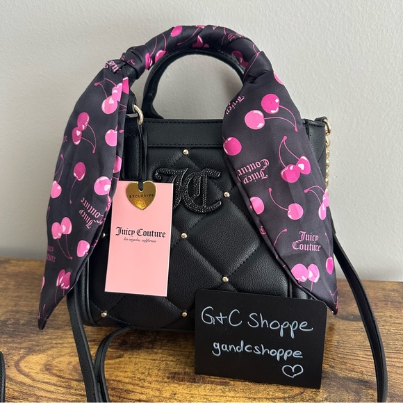 Juicy Couture Handbags - NWT Juicy Couture Holding the Line Black Cherry Mini Tote Bag Crossbody Gold